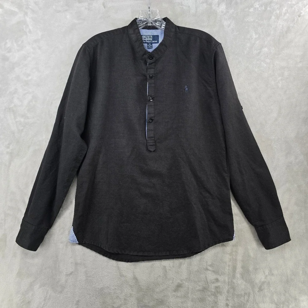 Polo Ralph Lauren Popover Shirt Mens M Black Linen Cotton Band Collar Long Slev